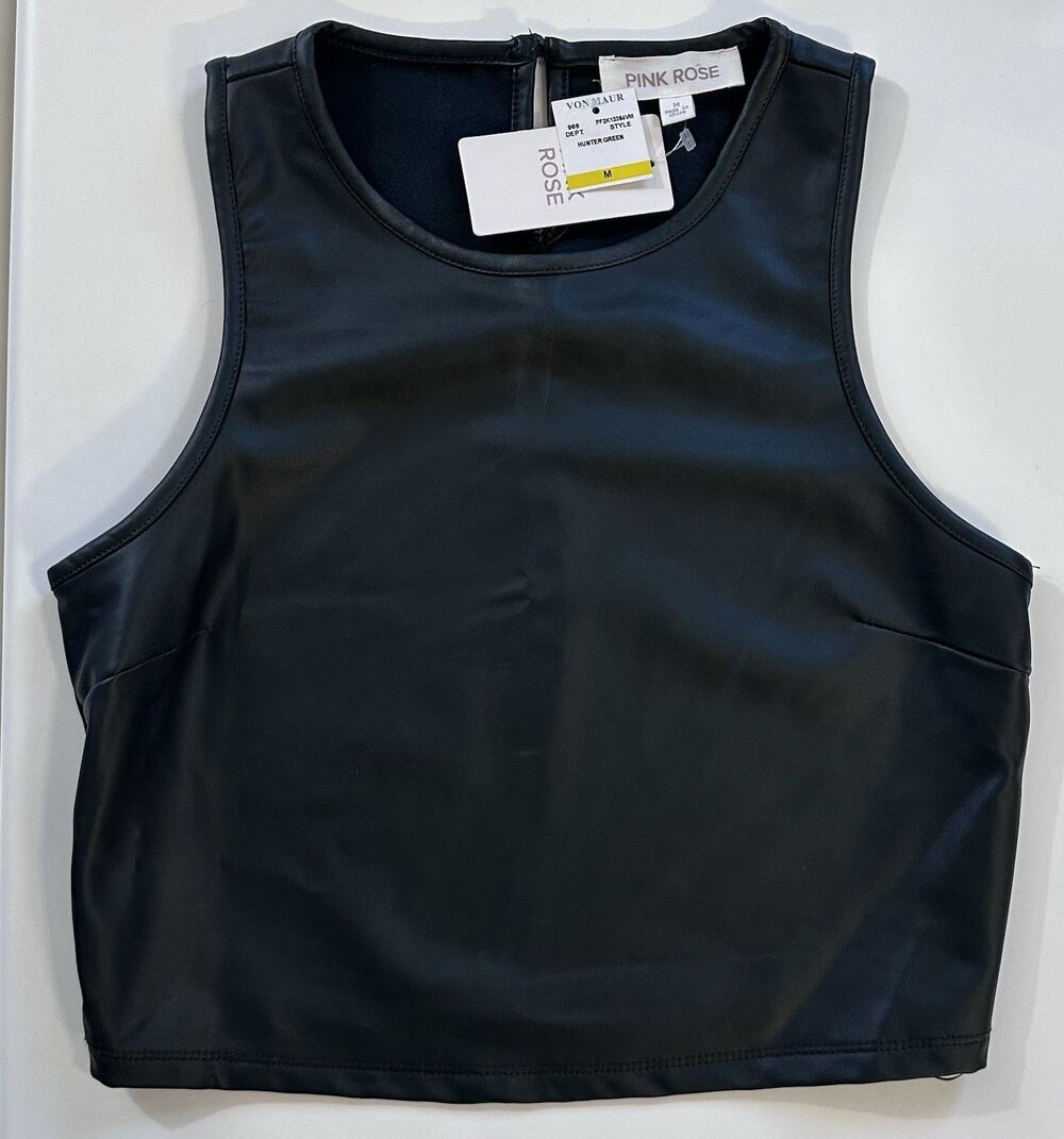 Pink Rose Faux Leather Crop Top Womens Medium Green Sleeveless NWT Minimalist